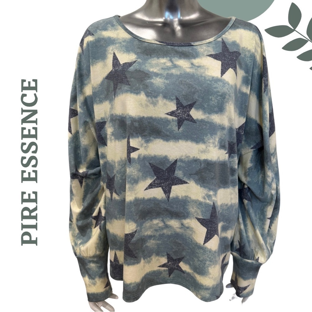 Pure Essence Tie-Dye Star Print Long Sleeve Top Grey Blue Yellow Size XL
